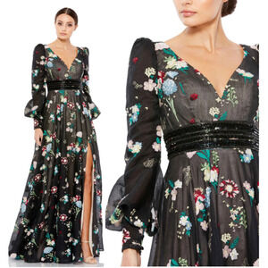 NEW $798 MAC DUGGAL 79361 BLACK FLORAL FULL SLEEVES V NECK SLIT GOWN Size 10